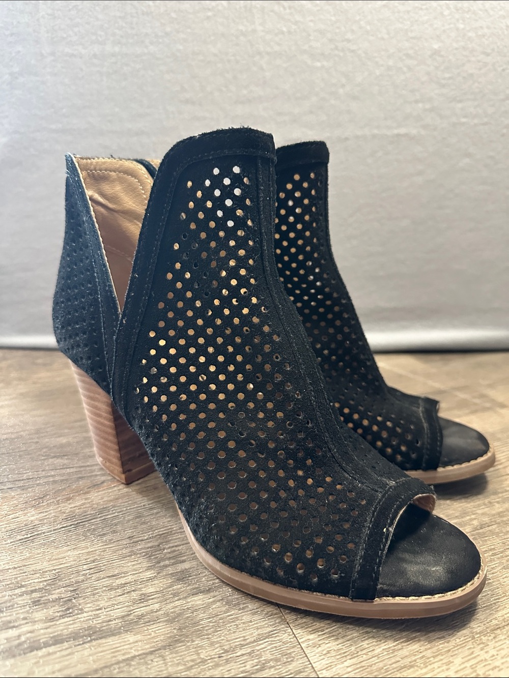 Lucky Brand Black Perforated Peep-Toe Block Heel Sandals